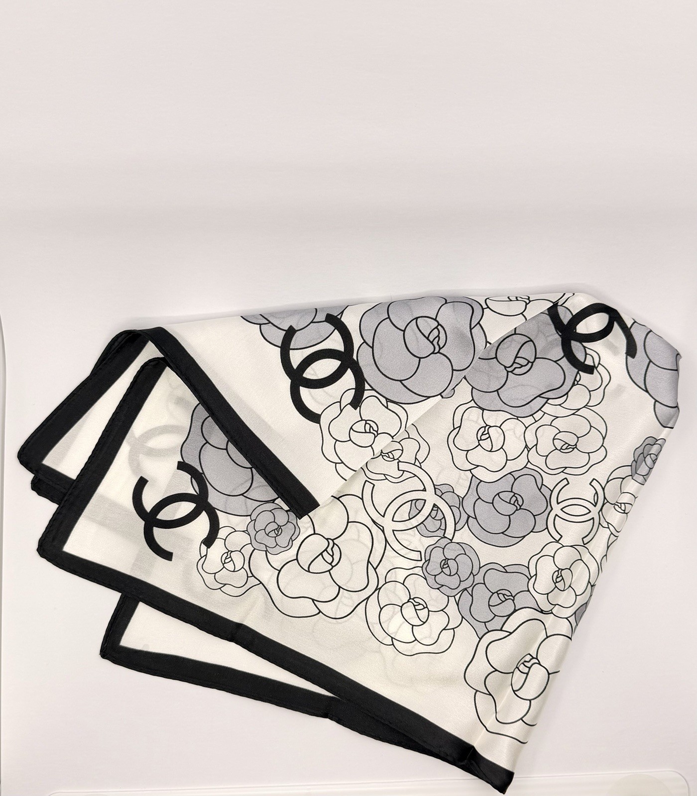 Chanel Camellia CC Logo Silk Scarf Square Black White Gray Floral Chanel Camellia CC Logo Silk Scarf Square Black White Gray Floral