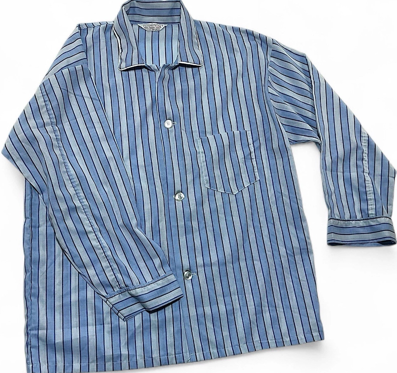 Vintage 60s 70s Striped Pajama Top Blue Gray Permanent Press Button Loungewear M