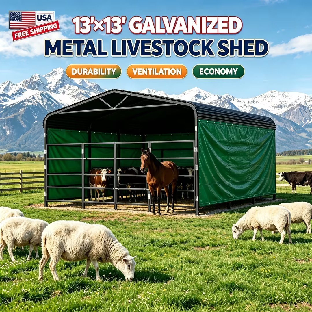13×13ft Galvanized Livestock Shelter Metal Shed Cattle w Sheep Shed Waterproof
