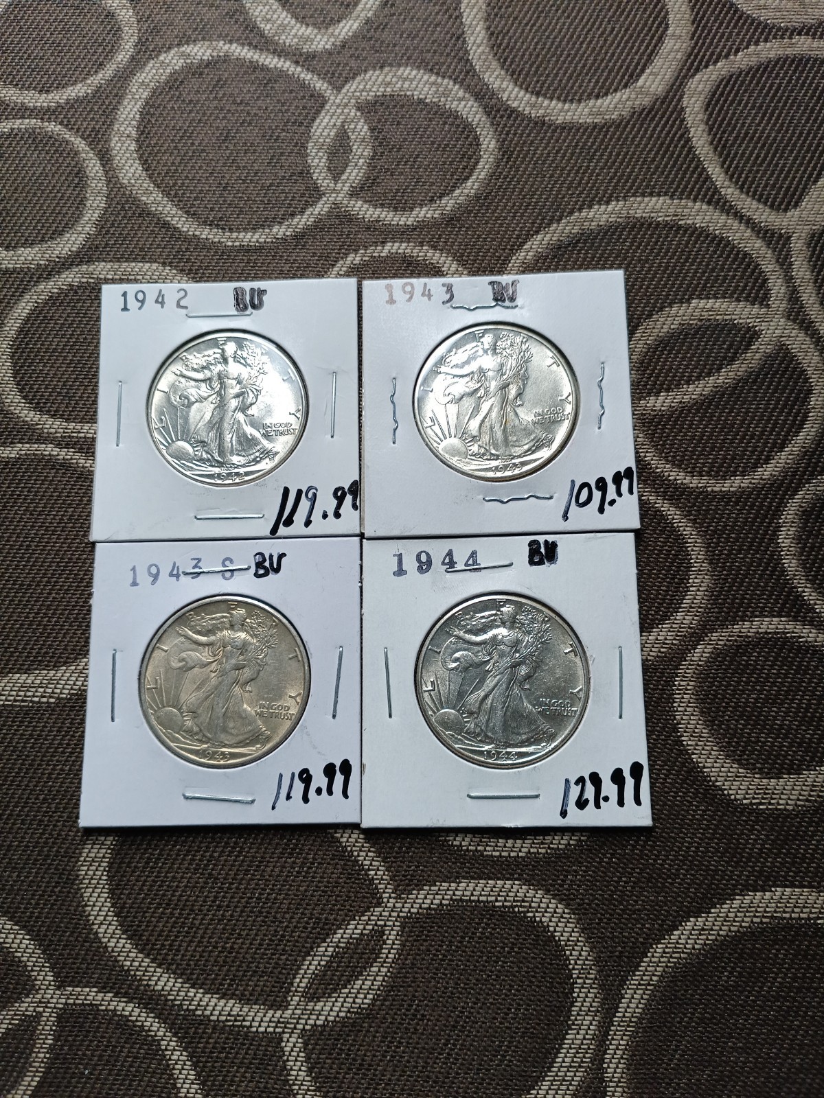 4 Walking Liberty Half Dollar Lot 90% Silver 1942-P, 1943-P, 1943-S, 1944-P 4 Walking Liberty Half Dollar Lot 90% Silver 1942-P, 1943-P, 1943-S, 1944-P