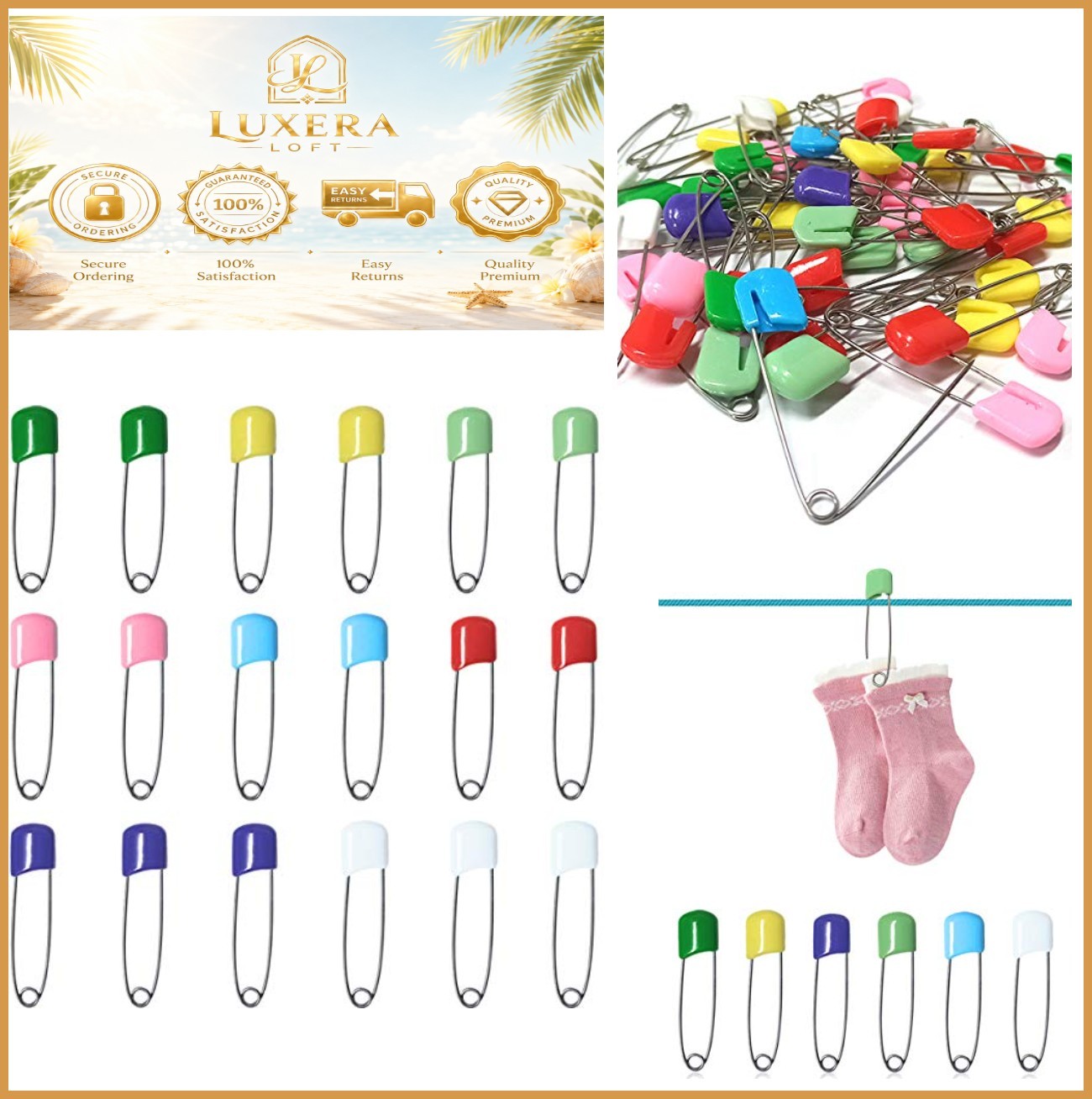 50 Pcs Diaper Pins Plastic Head Safety Pin with Safe Locking Closures Stainless