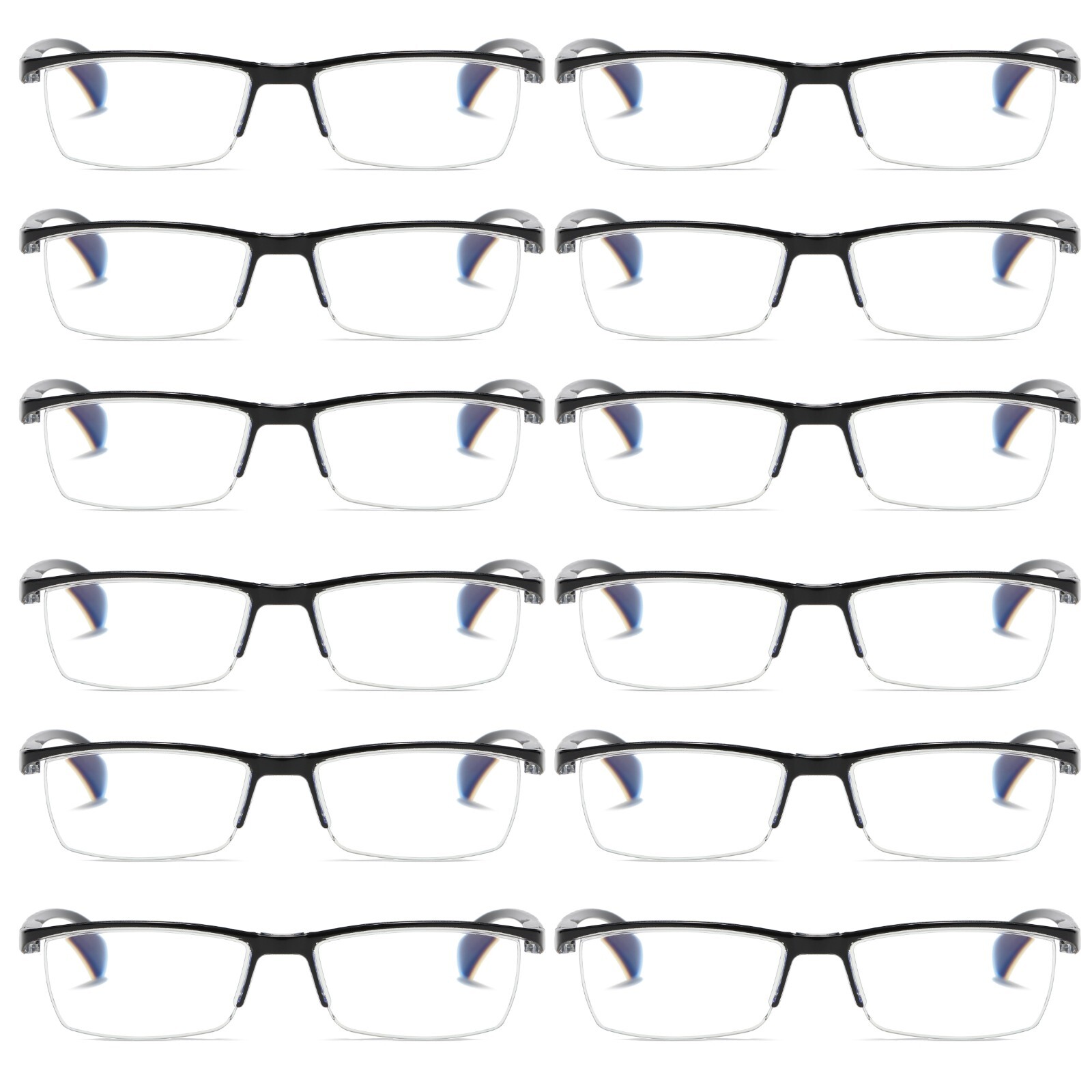 12 PK Mens Half Frame Spring Hinge Reading Glasses Blue Light Blocking Readers