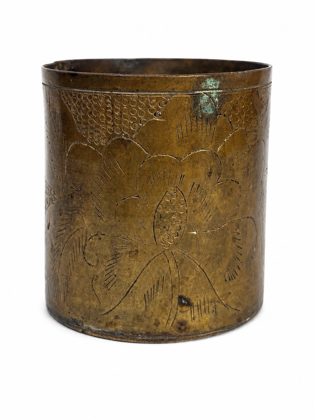 Vintage c. 1920s–1940s Chinese Hand Engraved Floral Brass Cup Marked CHINA