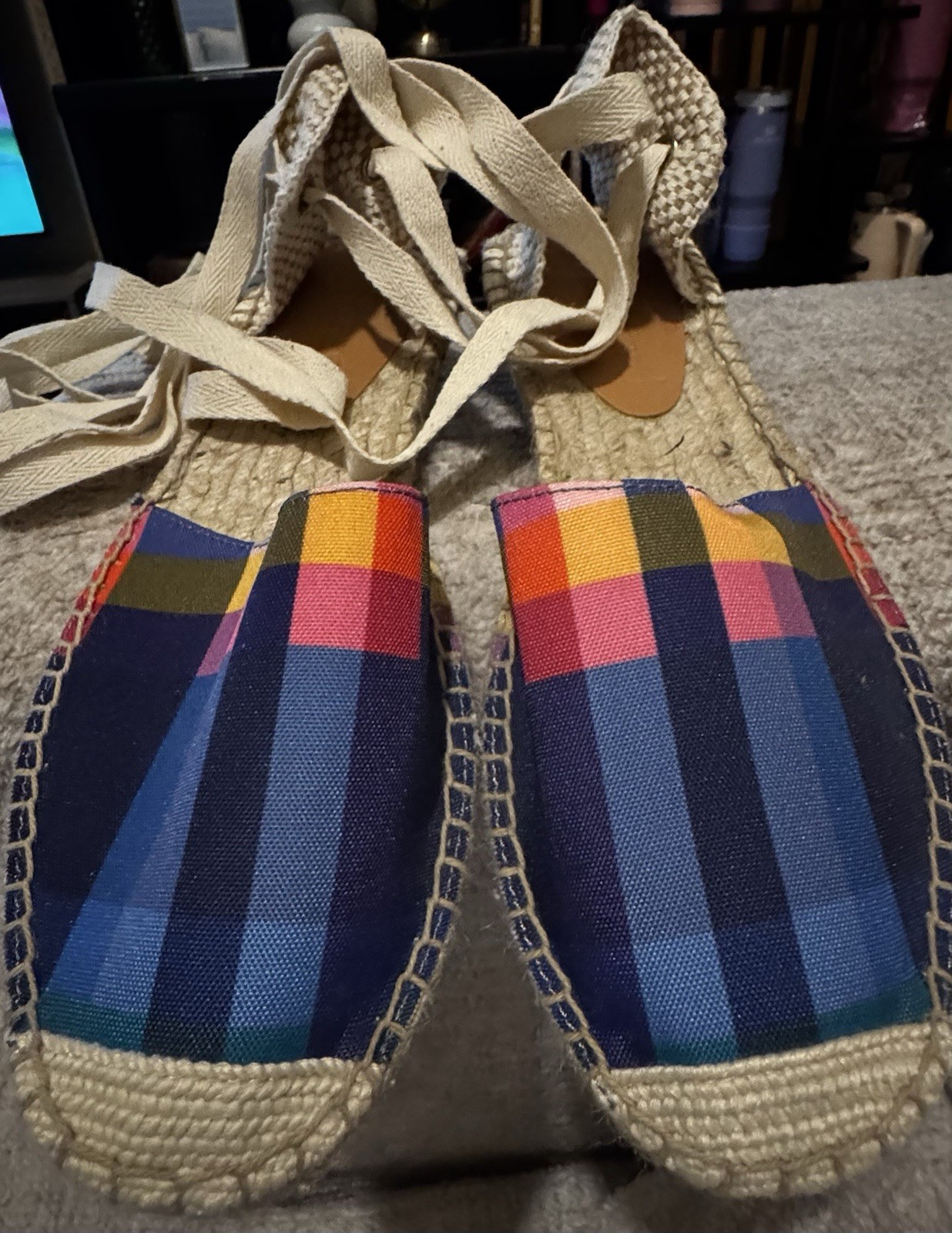 EUC J.Crew Women Madras Ankle Tie D’Orsay Flat Espadrilles Sandals Size 7