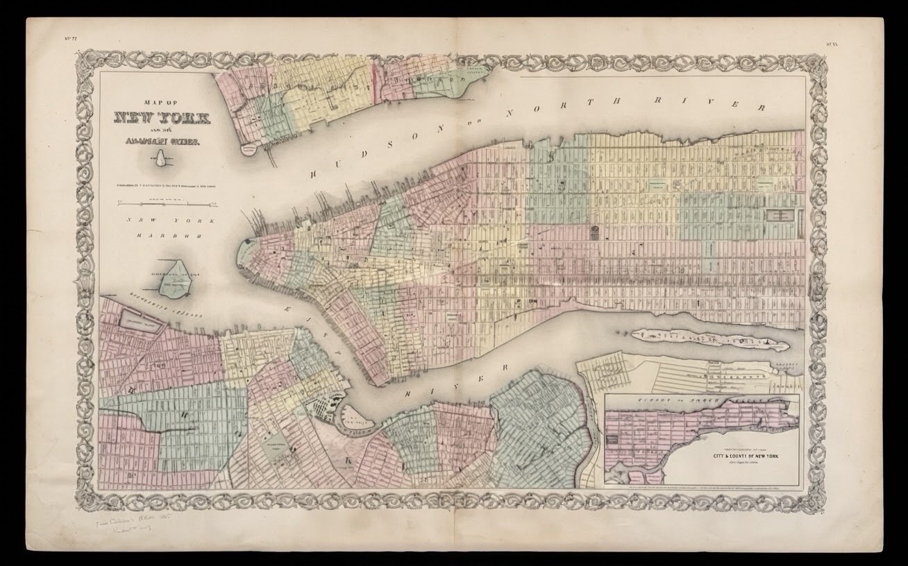 1855 J.H. Colton Antique Map of New York & Adjacent Cities Original Hand Color