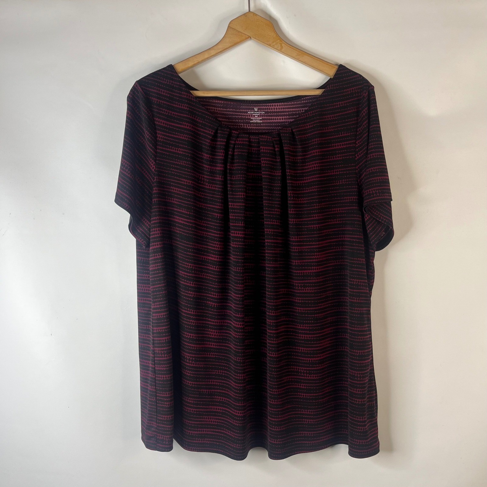 Worthington Blouse Womens 2X Burgundy Black Pleated Scoop Neck Dotted Stripe Top