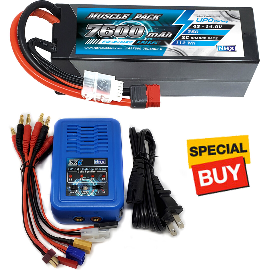 NHX Muscle Pack 4S 14.8V 7600mAh 75C HD Case Lipo Battery w/ DEANS / EZ6 Charger
