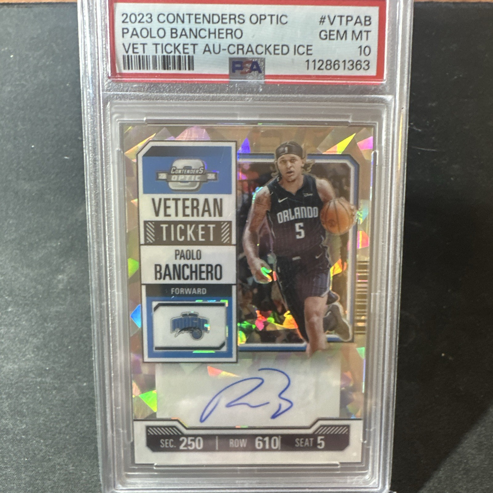 2023-24 Panini Contenders Optic Paolo Banchero Veteran Ticket AU-Cracked Ice /23 2023-24 Panini Contenders Optic Paolo Banchero Veteran Ticket AU-Cracked Ice /23
