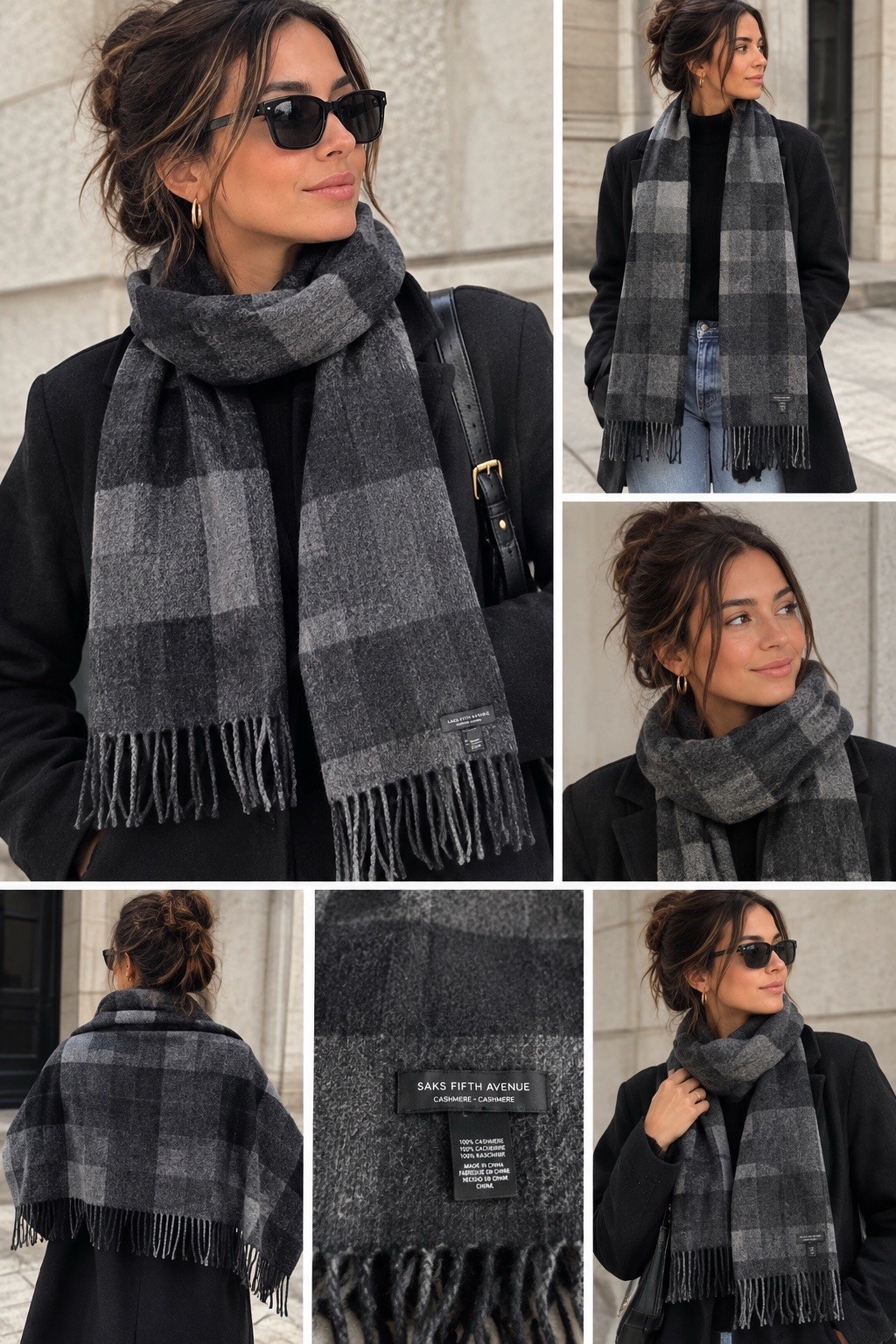 Saks Fifth Avenue 100% Cashmere Gray Plaid Fringe Scarf