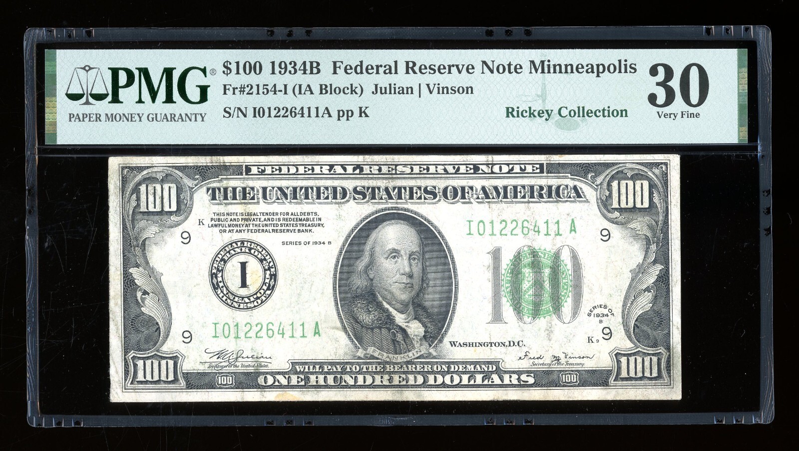 DBR 1934-B $100 Minneapolis Vinson Fr. 2154-I PMG 30 Serial I01226411A