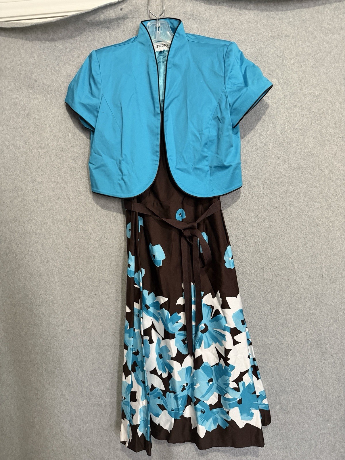 Studio I 2-Piece Floral Satin Dress & Jacket Set Size 8 Brown/Blue/White