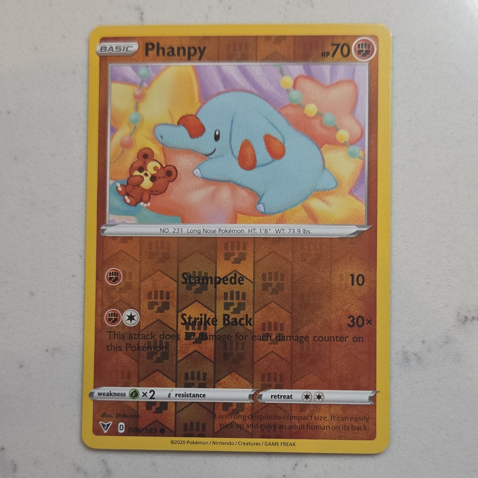 Pokemon TCG Phanpy 086/185 Swsh04 Vivid Voltage Reverse Holo Common Eng 70 Pokemon TCG Phanpy 086/185 Swsh04 Vivid Voltage Reverse Holo Common Eng 70