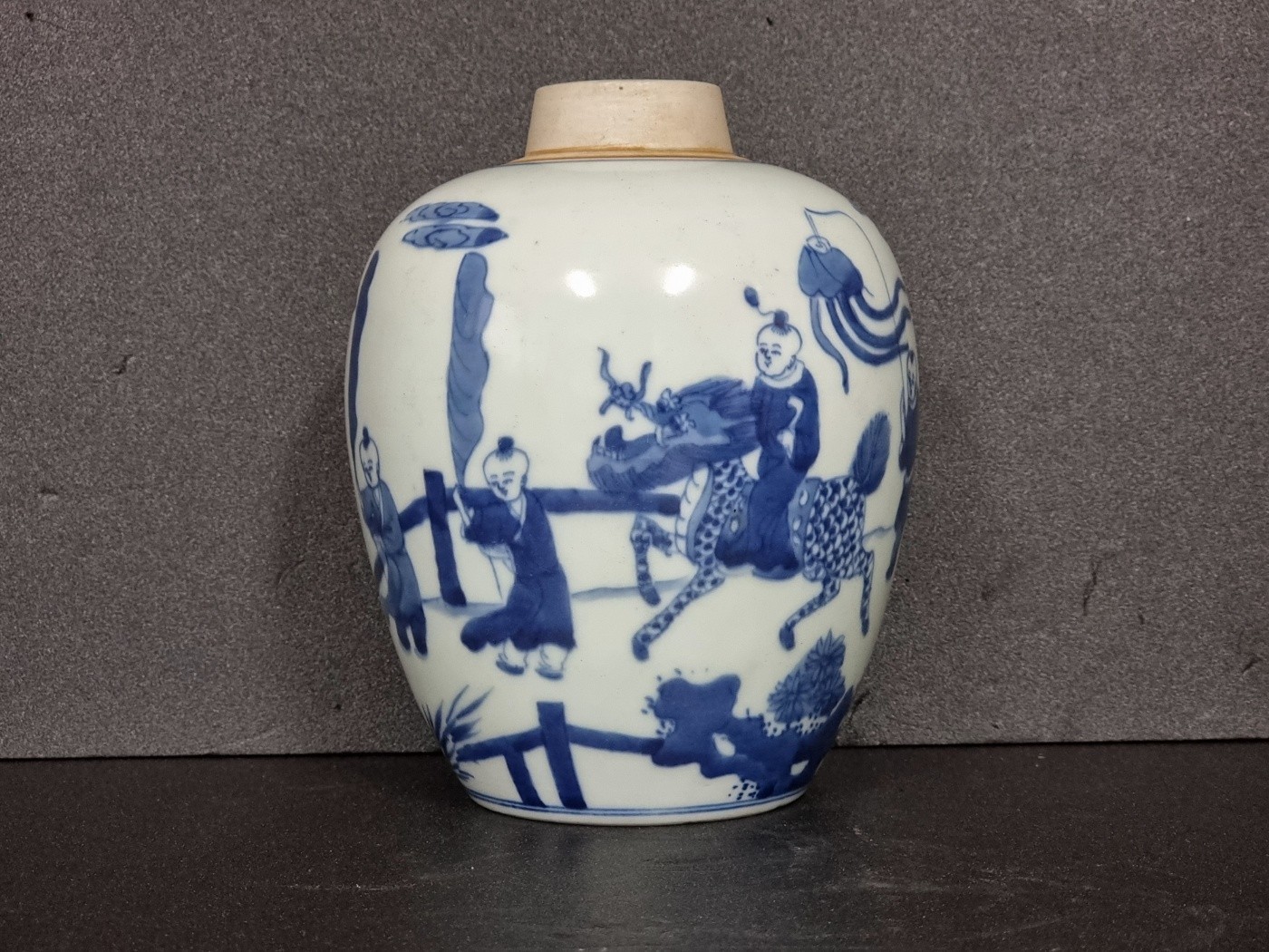 Qing Dynasty antique blue and white jar – Scholar Passing Imperial Exam motif