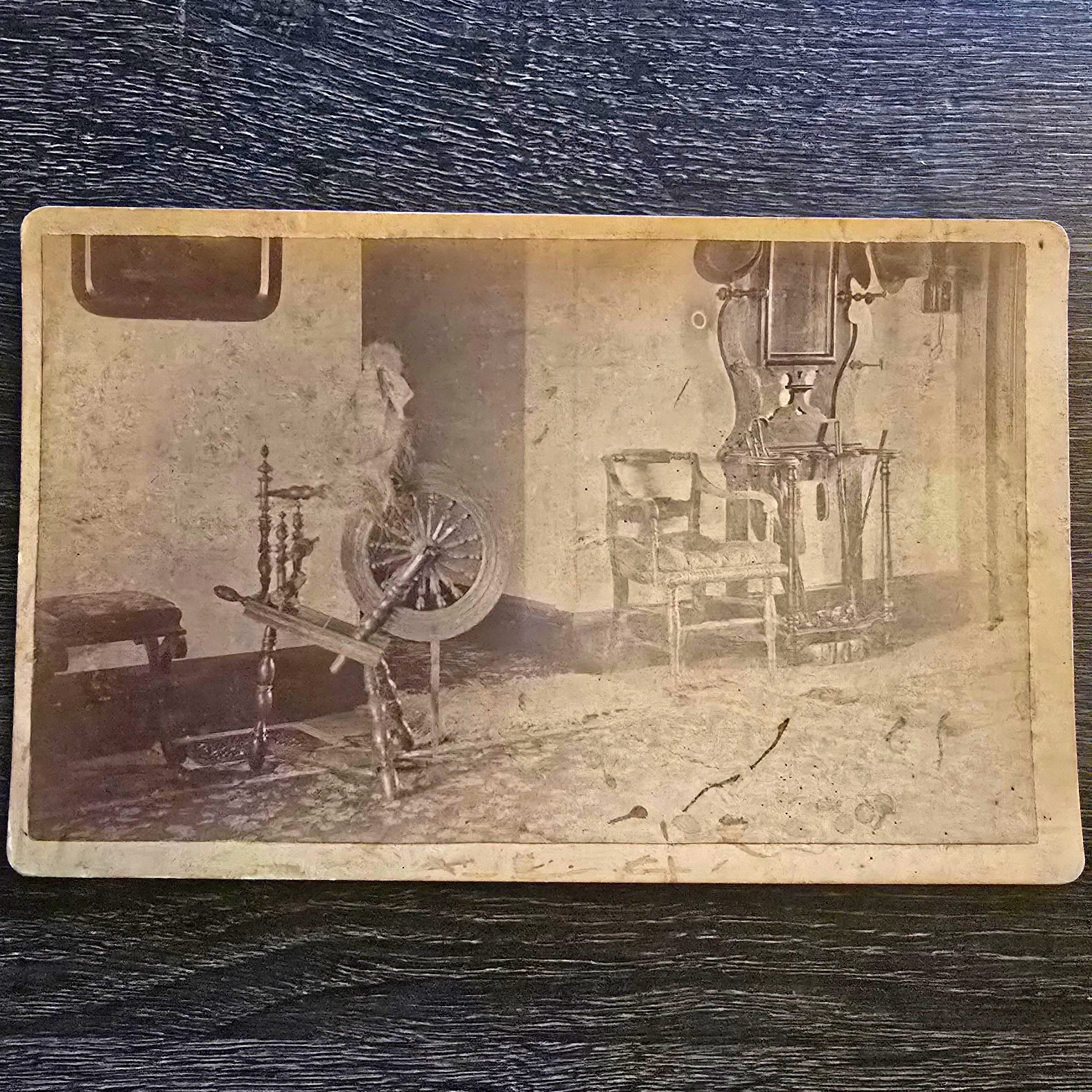 c1890 Frank H Child Newport RI Greencroft Hall Interior Photo Spinning Wheel Hat