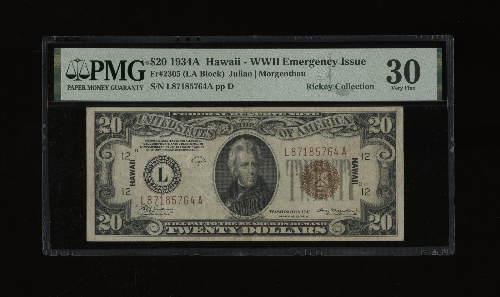 DBR 1934-A $20 FRN Hawaii Fr. 2305 PMG 30 Serial L87185764A DBR 1934-A $20 FRN Hawaii Fr. 2305 PMG 30 Serial L87185764A