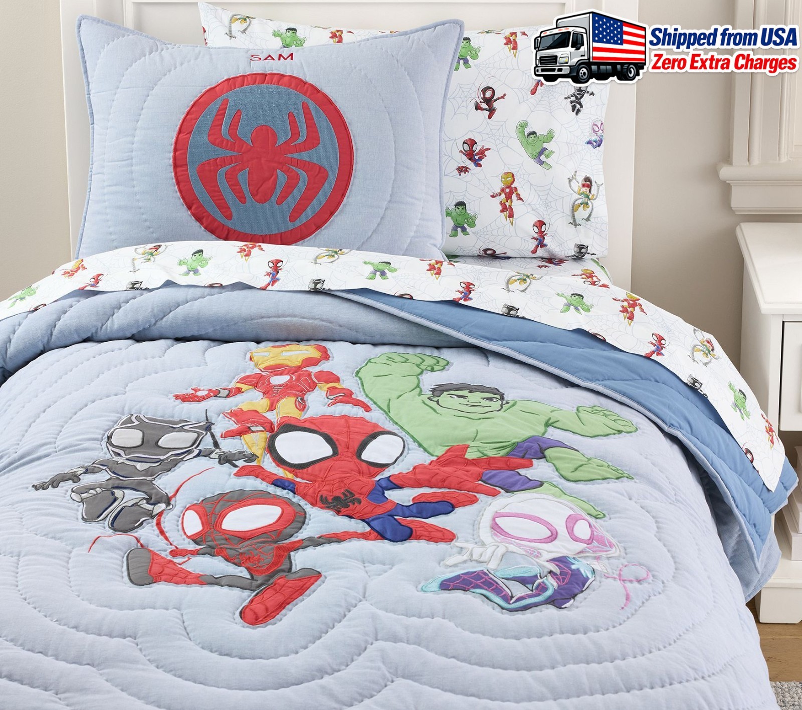 Pottery Barn Kids Marvel\'s Spidey and His Amazing Friends Embroidered Quilt