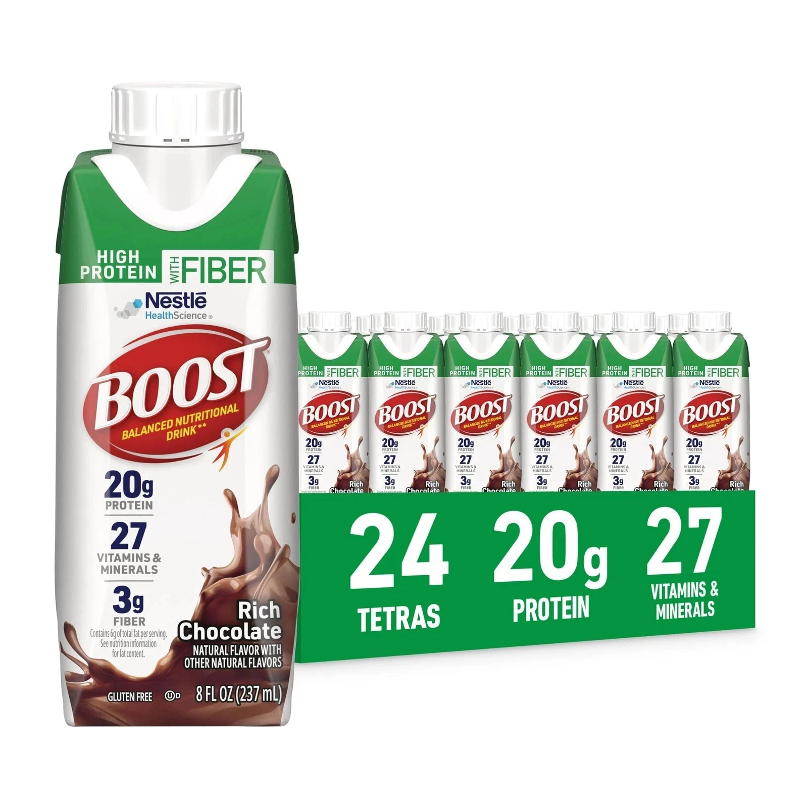 BOOST High Protein with Fiber Balanced 8 Fl Oz (Pack of 24), Rich Chocolate