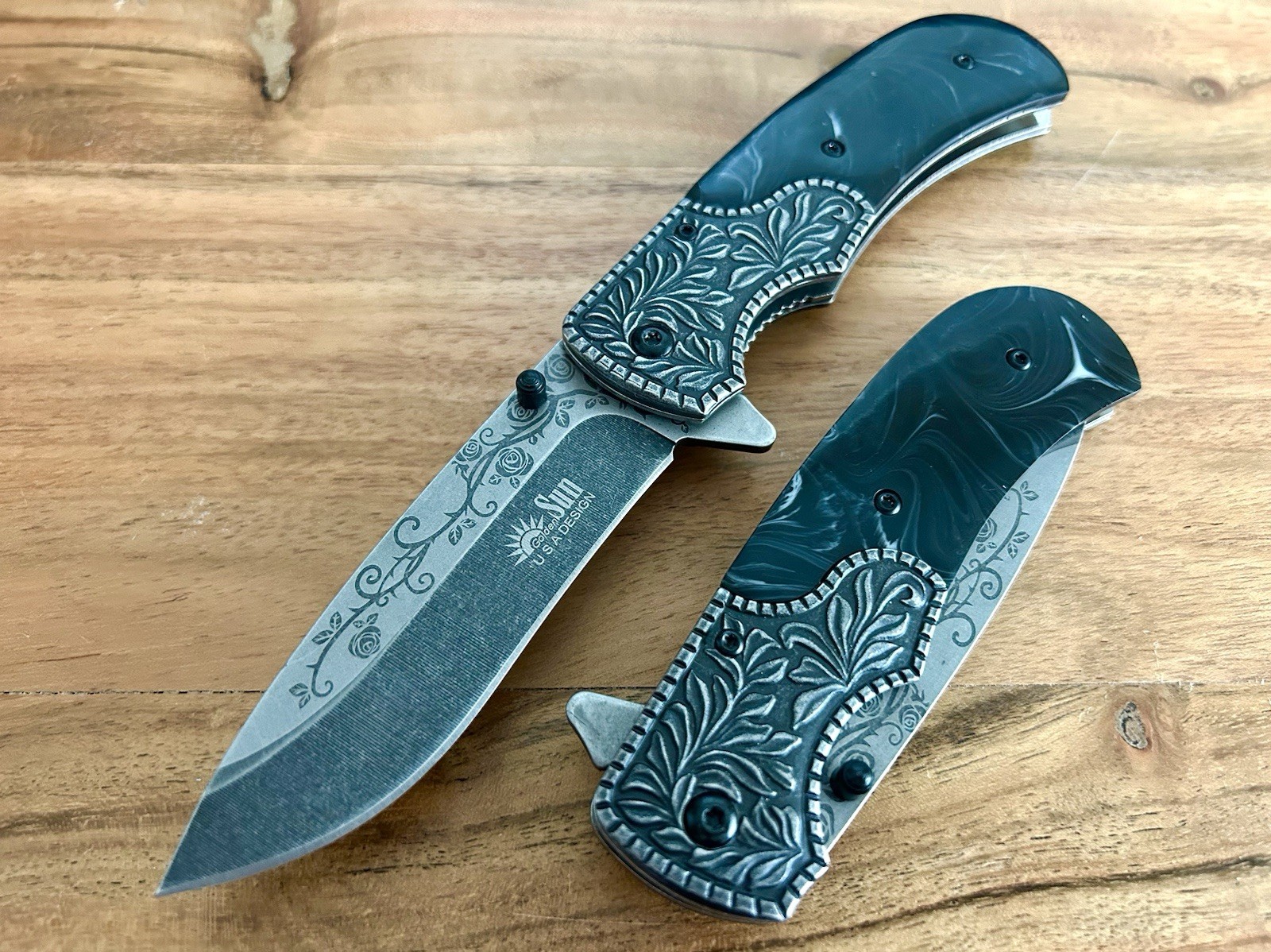 8.5”Stonewashed Black Rose Tactical EDC Assisted Open Blade Folding Pocket Knife