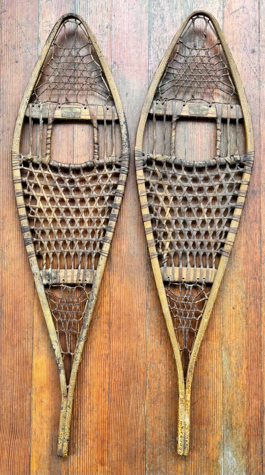 RARE EARLY ABERCROMBIE & FITCH ANTIQUE SNOWSHOES ORIGINAL BRASS TAGS CIRCA 1910