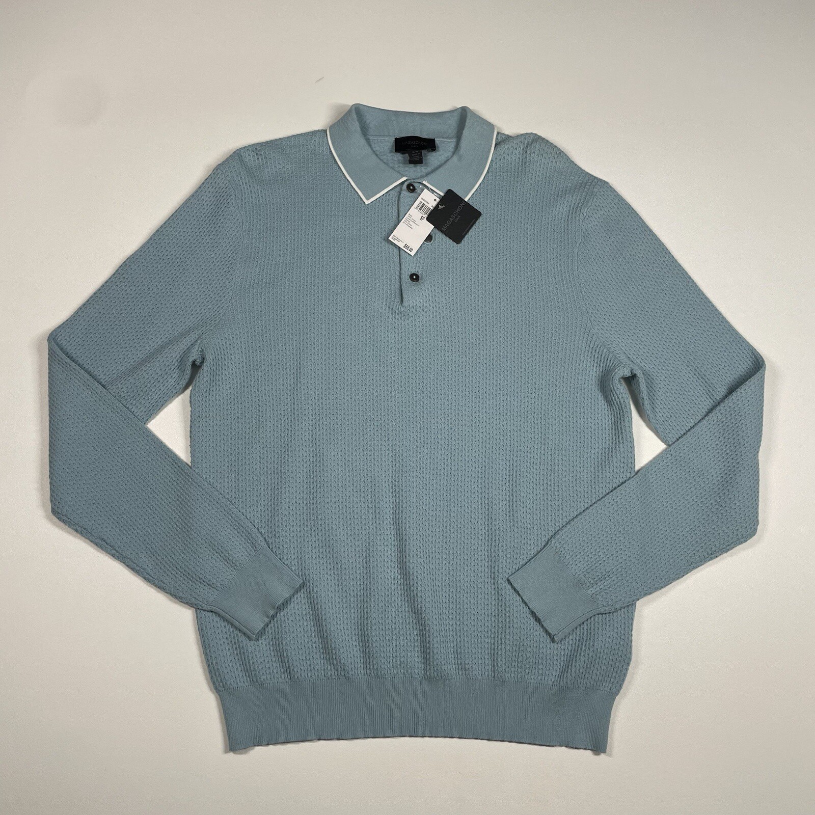 Magaschoni Tipped Collar Sweater Men’s Small Blue Ivory Long Sleeve NEW
