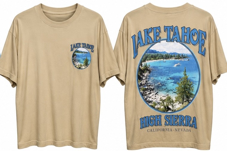 Lake Tahoe High Sierra Men\'s T-Shirt Tan Size XXL California Nevada Scenic Retro