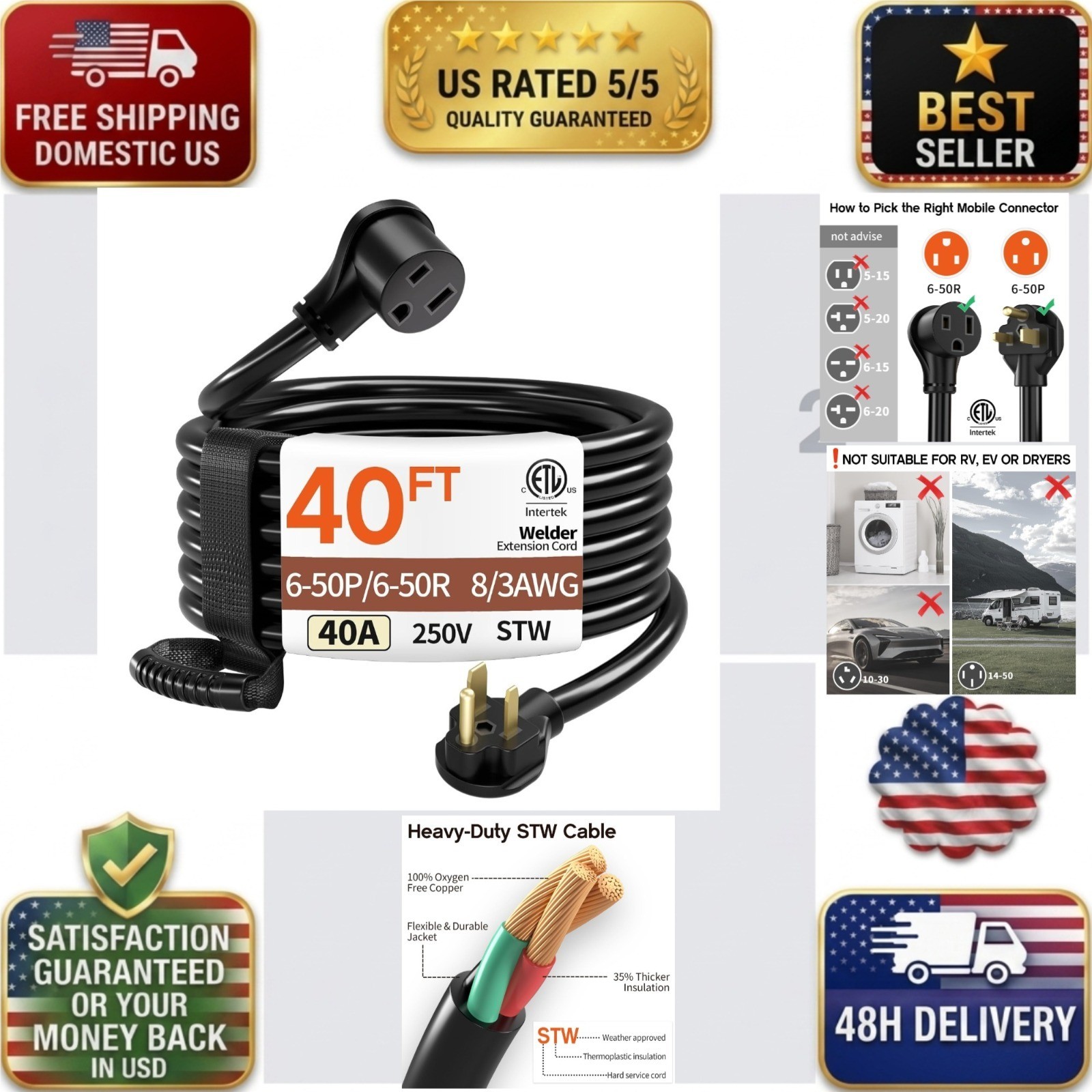 40FT 40 Amp 8 Gauge Welder Extension Cord 6-50P to 6-50R 250V Heavy Duty