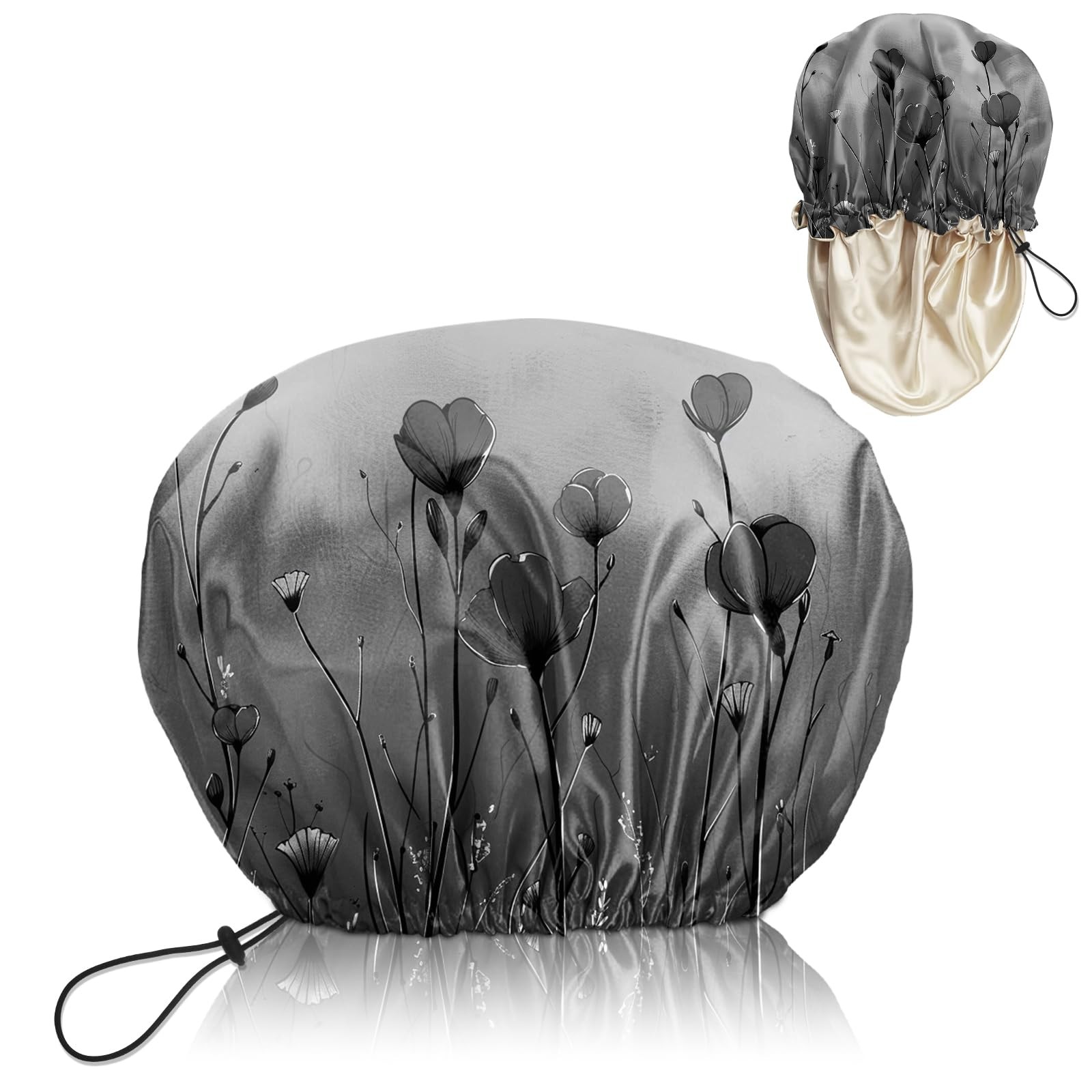 BHAHB Luxury Shower Cap Satin Lined Reusable Waterproof F19-Black Flower