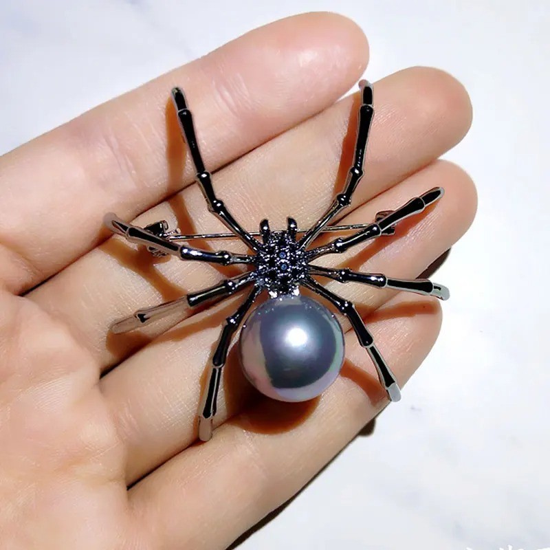 Vintage Black Rhinestone Spider Brooch Pearl Pin Insect Bug Jewelry Summer Gift.