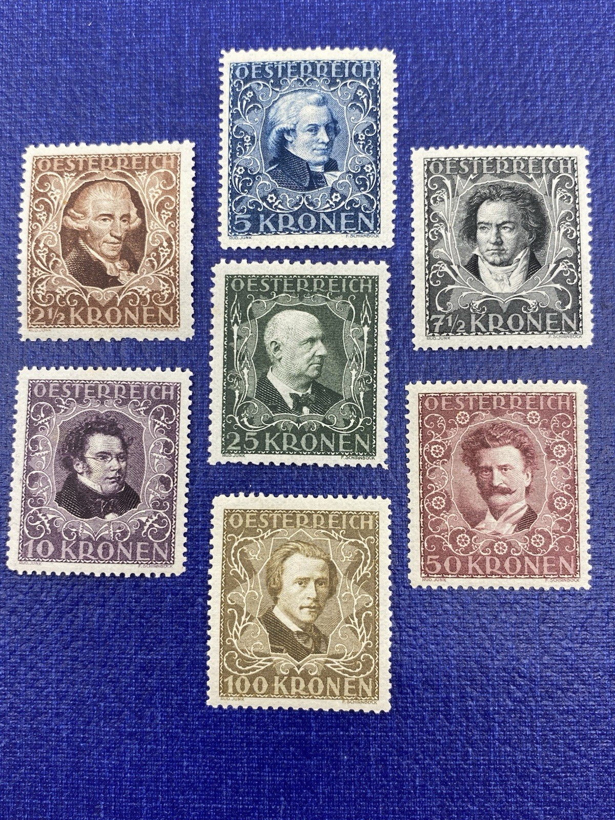 AUSTRIA 1922 SC# B50-56, Musicians, Semi-Postal, Mint LH & MH, Original Gum. AUSTRIA 1922 SC# B50-56, Musicians, Semi-Postal, Mint LH & MH, Original Gum.