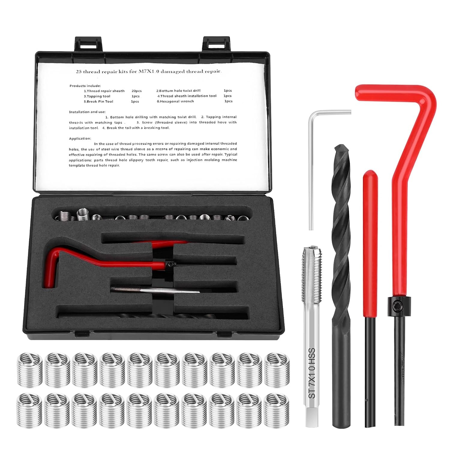 25Pcs M7x1 Thread Repair Kit Stainless Steel Twisted Drill Wrench Threaded In...