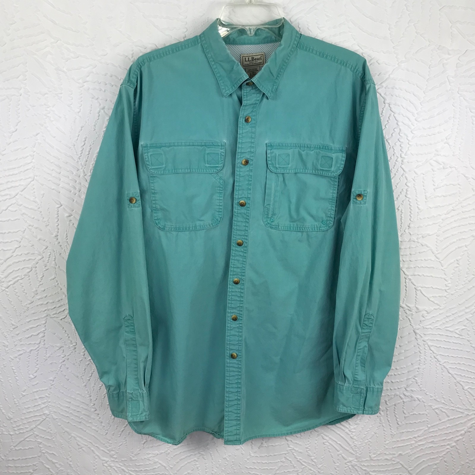 Vtg L L Bean Button Down Shirt LT Mens Green Fishing Vented Outdoors Pockets