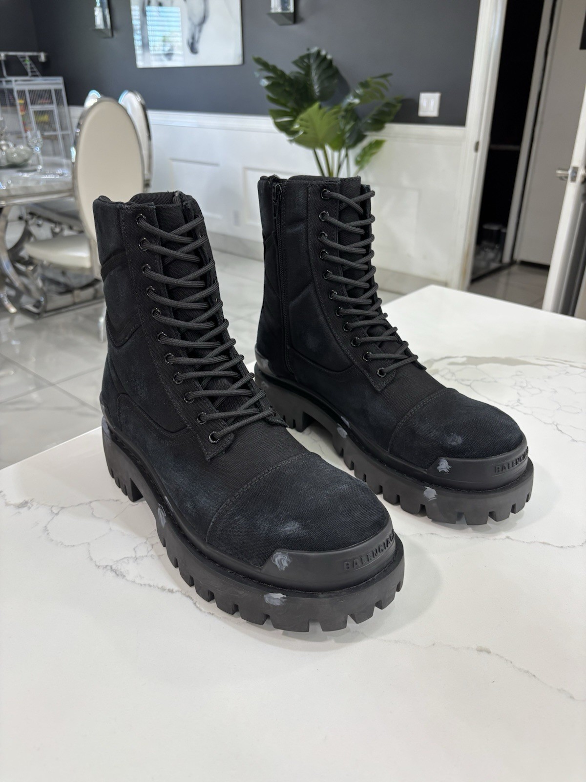 Balenciaga Black Combat Boots Lace-Up Zipper Mid-Calf Rubber Sole Size 44EU