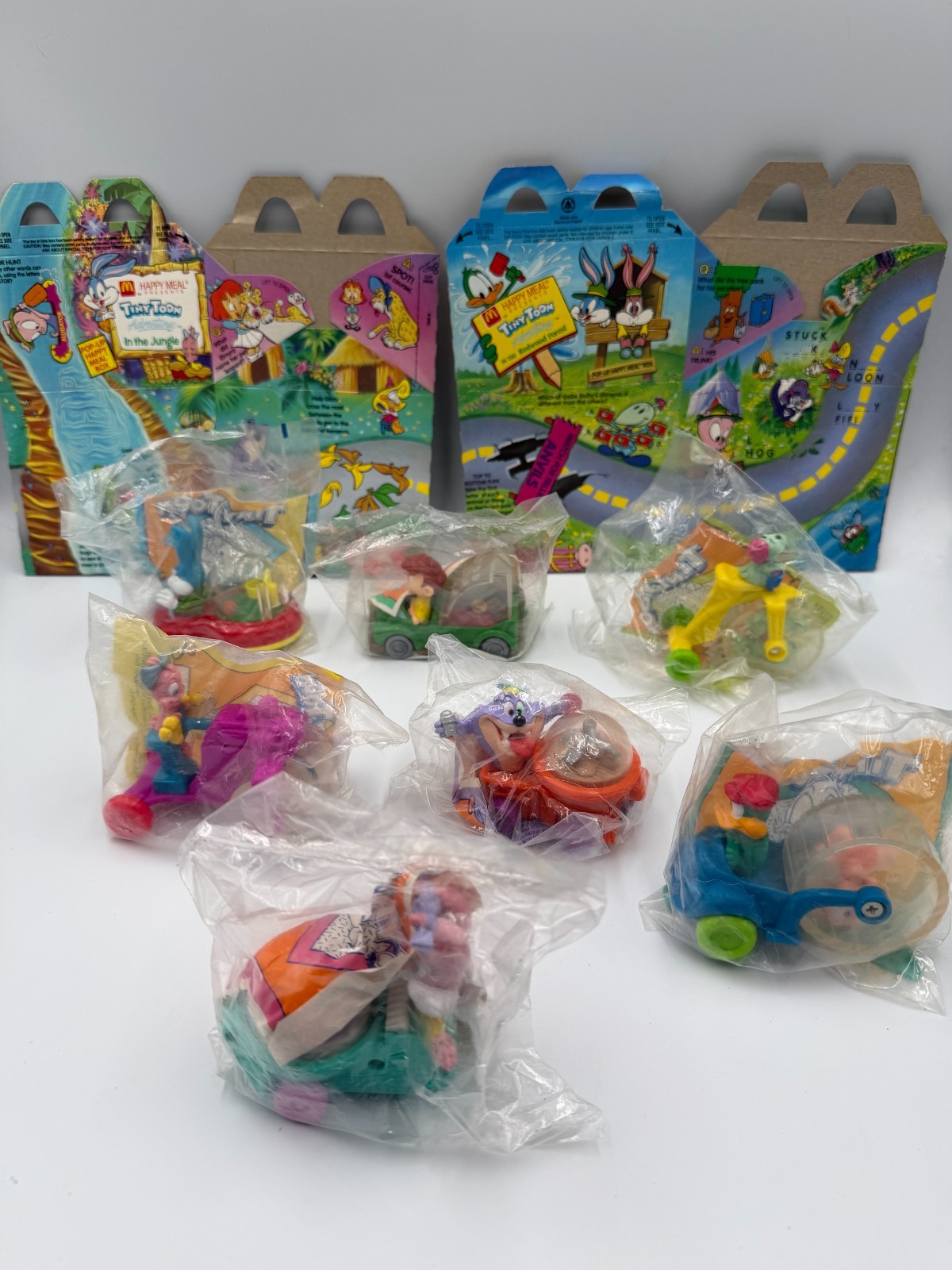 1992 McDonald's Tiny Toon Adventures 7 Sealed Happy Meal Toys + 2 Boxes Vintage