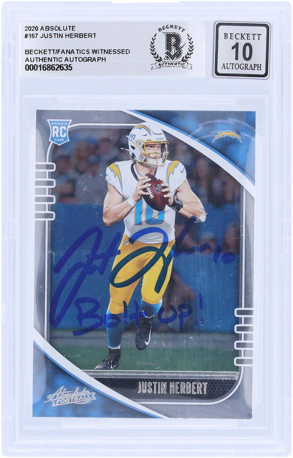 Justin Herbert Chargers Signed 2020 Panini Absolute #157 BAS 10 Rookie w/Insc