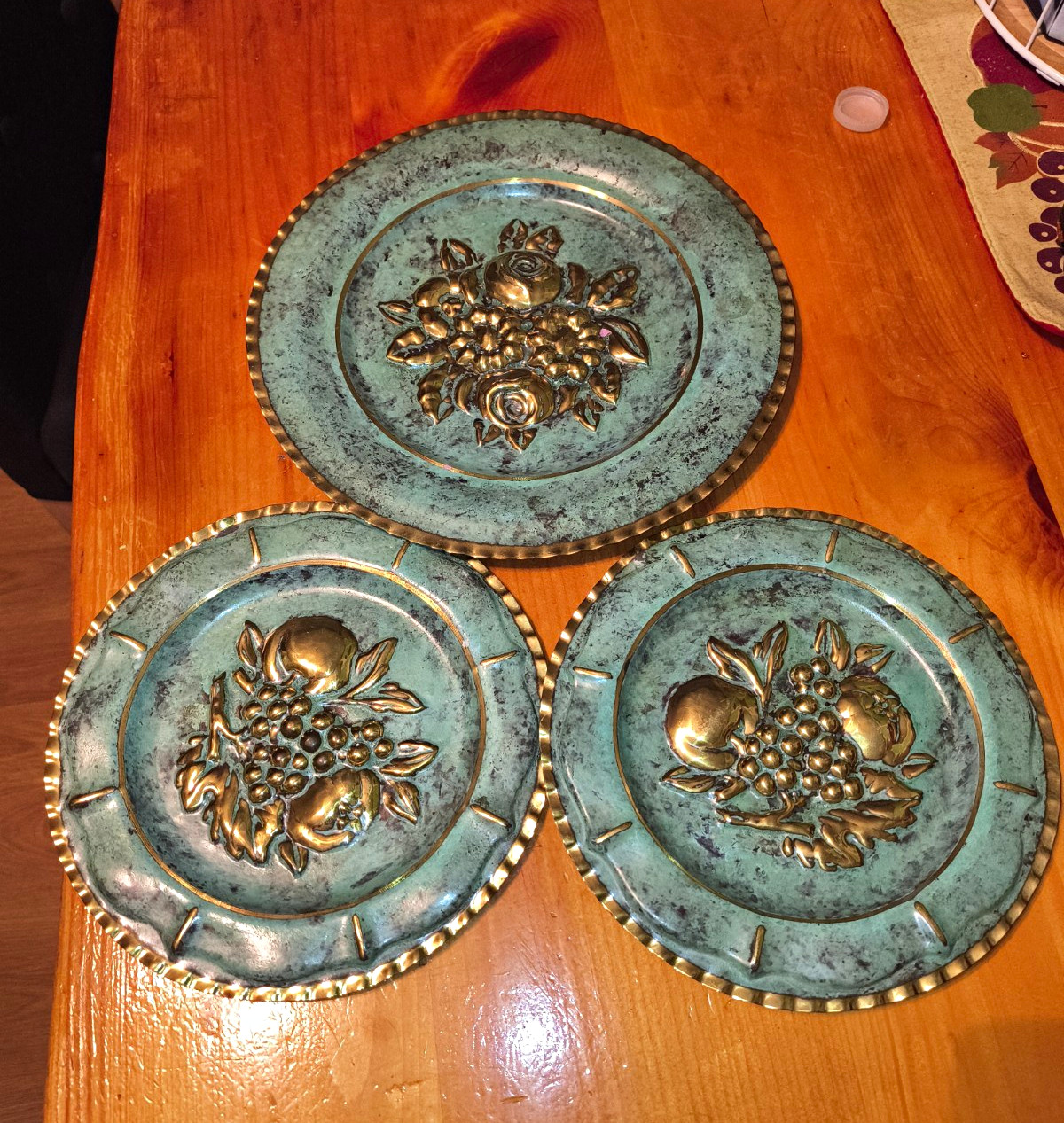 Vintage Verdigris Brass wall medallions ,Embossed Fruit Floral made in Italy Vintage Verdigris Brass wall medallions ,Embossed Fruit Floral made in Italy