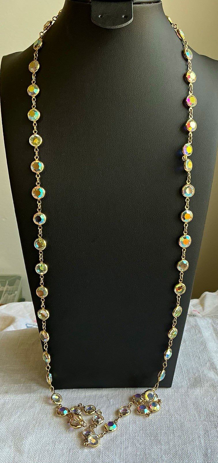 Swarovski Gold Tone Iridescent Aurora Borealis Crystal Bezel Necklace Vintage