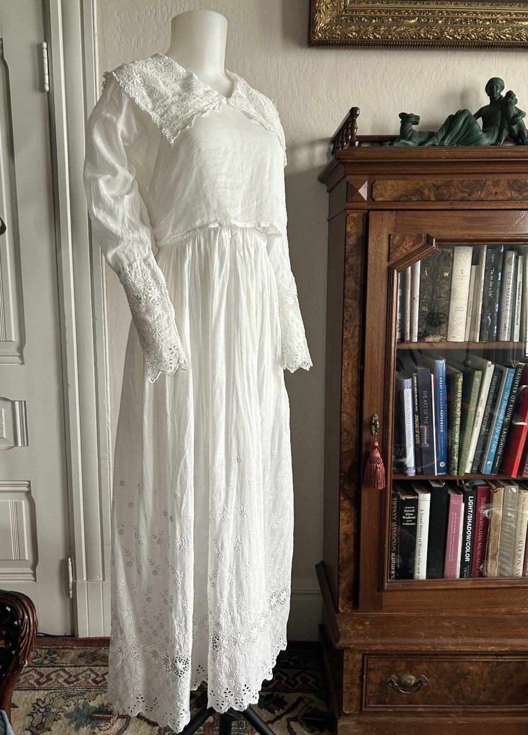 Antique Edwardian 1910s White Cotton Lace Dress Embroidered Tea Victorian VTG XS