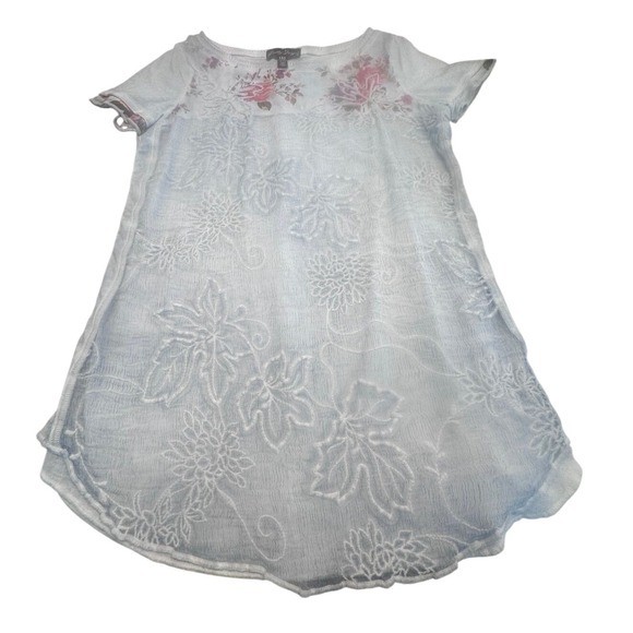 Gretty Zueger Silk Cotton Embroidered Boho Tunic Top Ice Blue Size S EUC