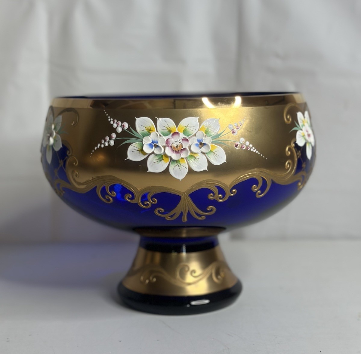 Bohemia Czech Crystal Cobalt Blue Enamel  Painted Flowers Gold Trim 9” Bowl