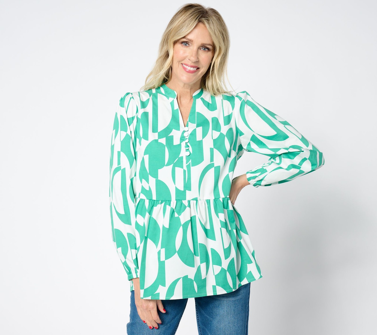 Bless My Sole Women\'s Top Sz L Geo Goddess Blouse Green A648163