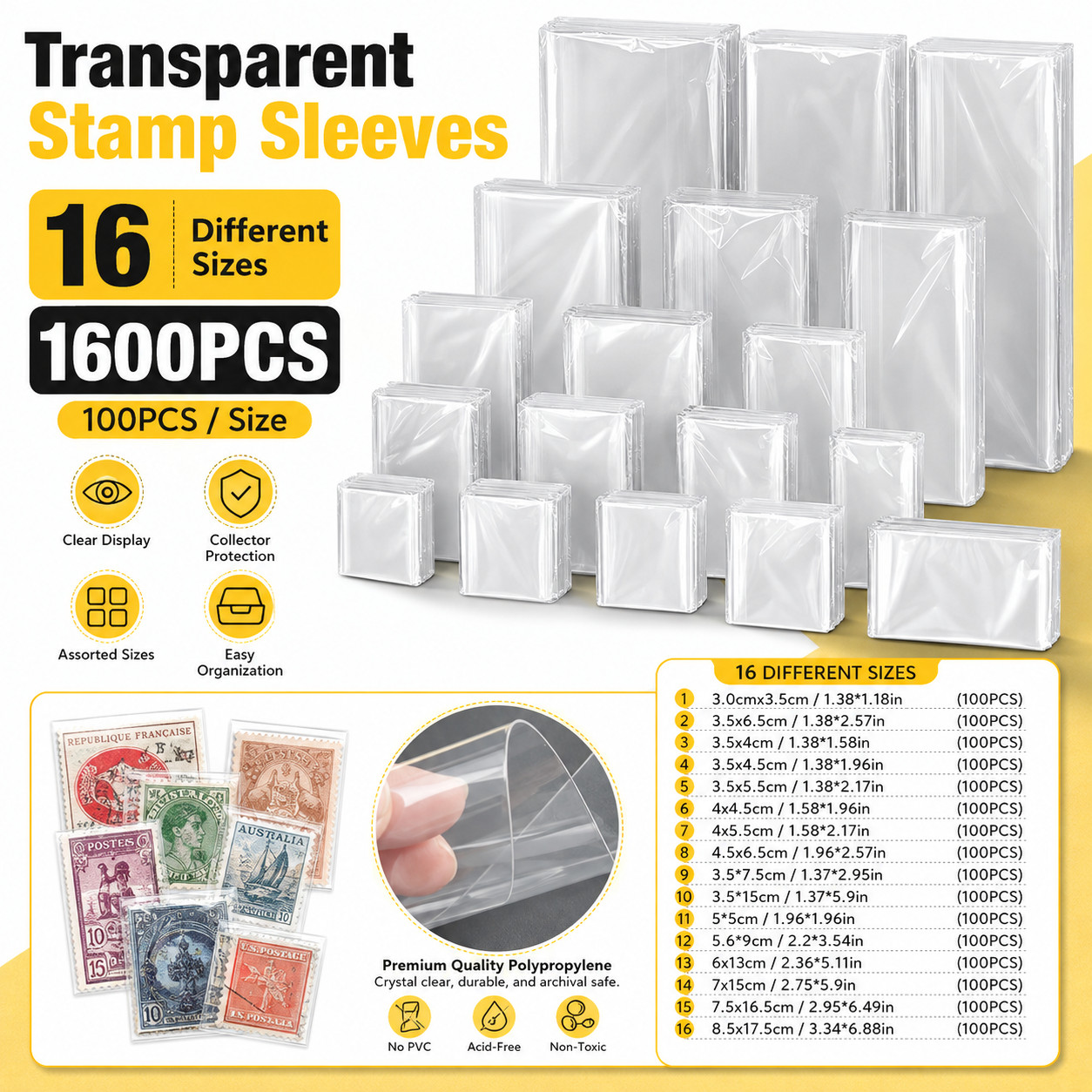 1600Pcs Stamp Protector Sleeves 16 Sizes Clear OPP Bags Album Collecting Supply