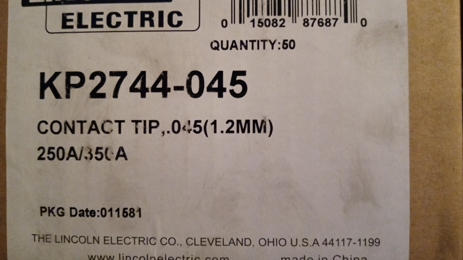 New in box. Welding supplies-Lincoln KP2744-045 Contact tip (1.2mm) 250A/350A New in box. Welding supplies-Lincoln KP2744-045 Contact tip (1.2mm) 250A/350A