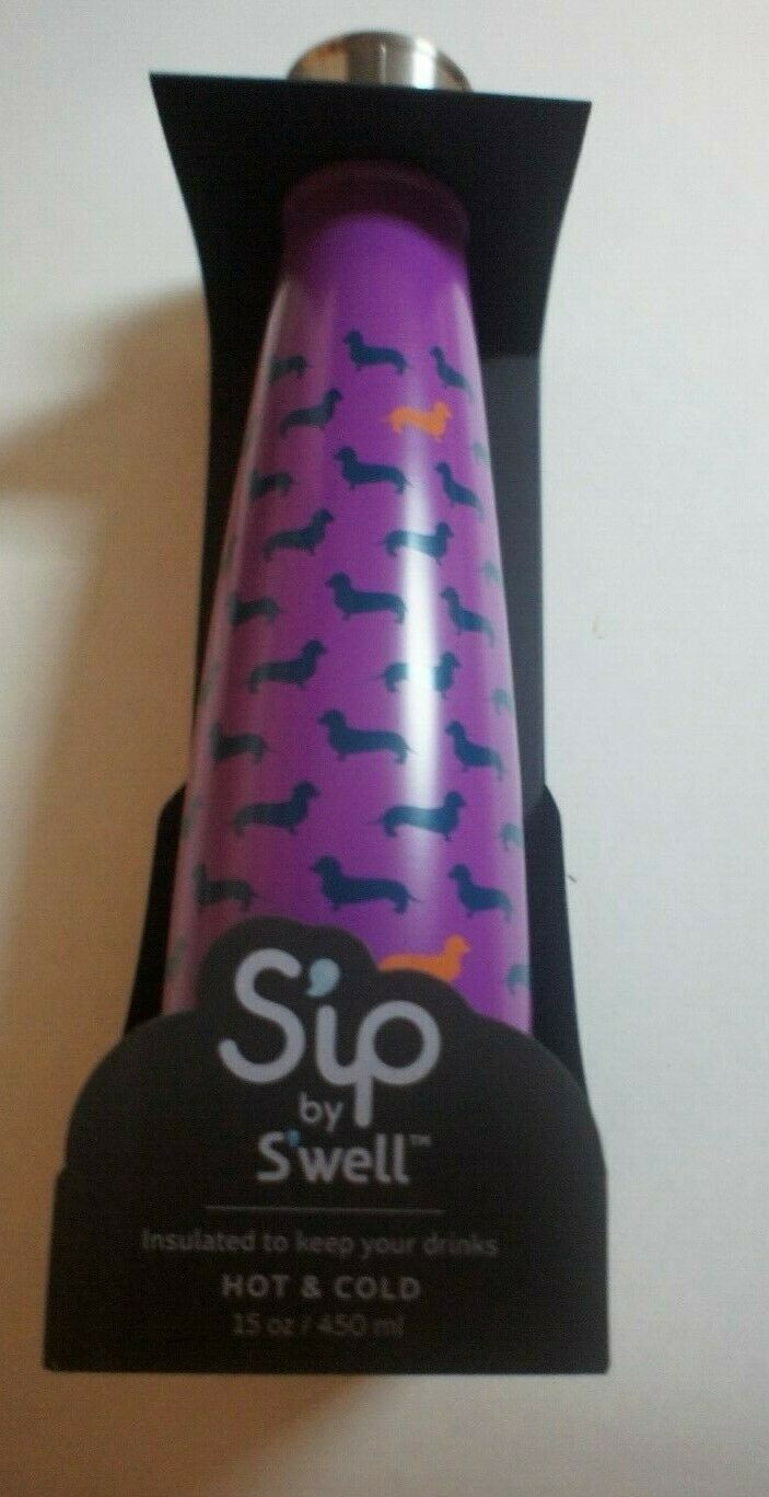 Sip by Swell Insulated Water Bottle Top Dog 15oz Hot & Cold Purple Dachshund 