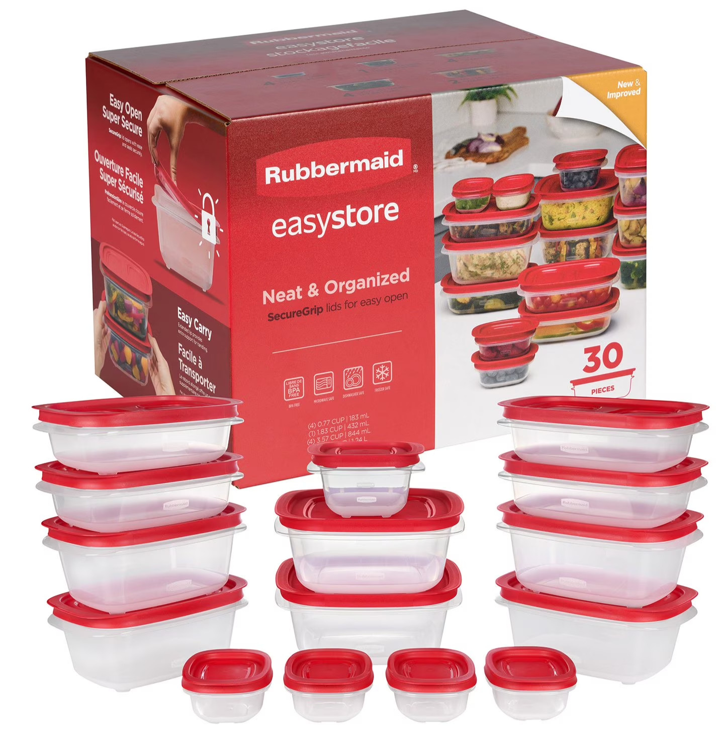 Rubbermaid EasyStore  Food Storage Containers with Lids, 30-Piece Set, Red - NEW