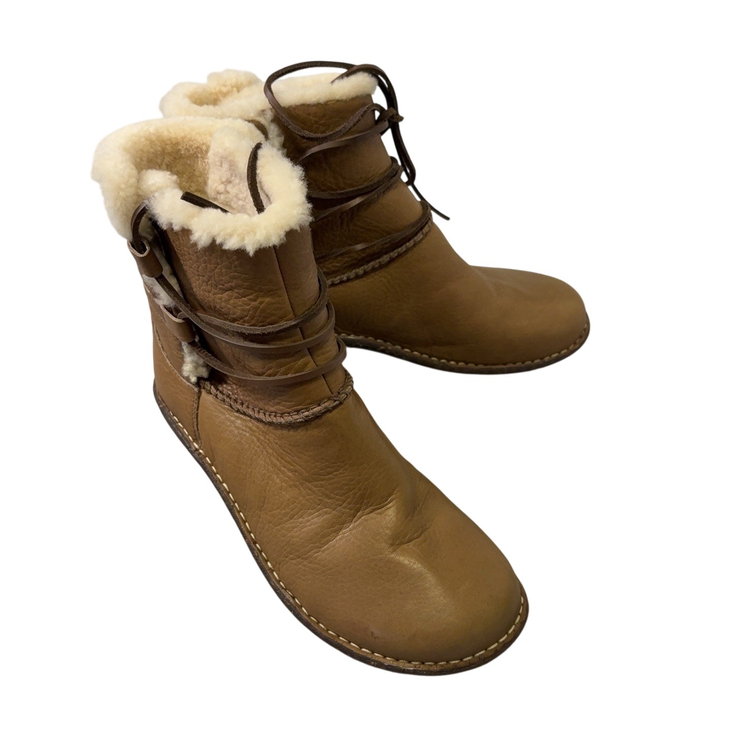 UGG Australia Caspia Boots Womens 9 Brown Leather Shearling Ankle Lace Up 1932