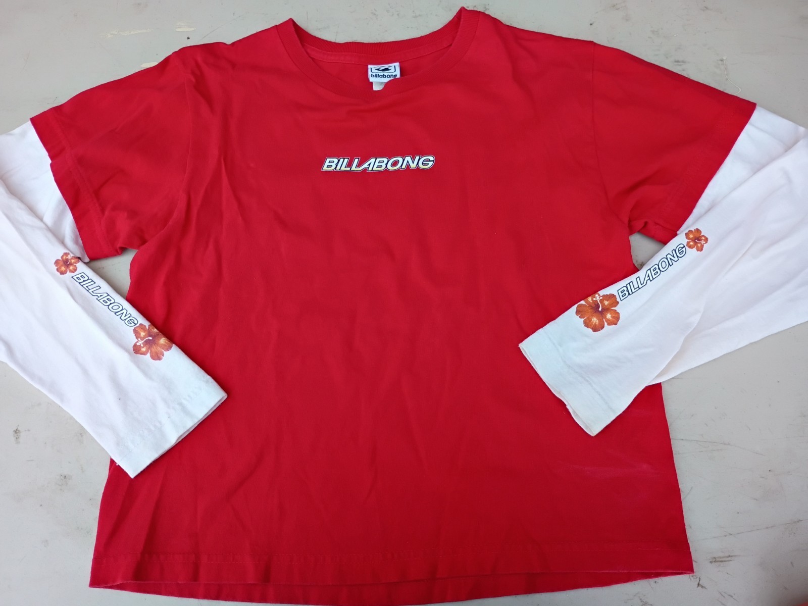 Vintage Billabong Youth Large Double Sleeve Shirt Red White Hibiscus Y2K Surf