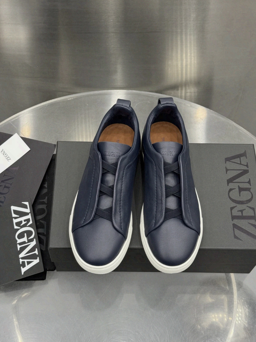 Men's Zegna Triple Stitch Navy Leather Slip On Casual Sneakers