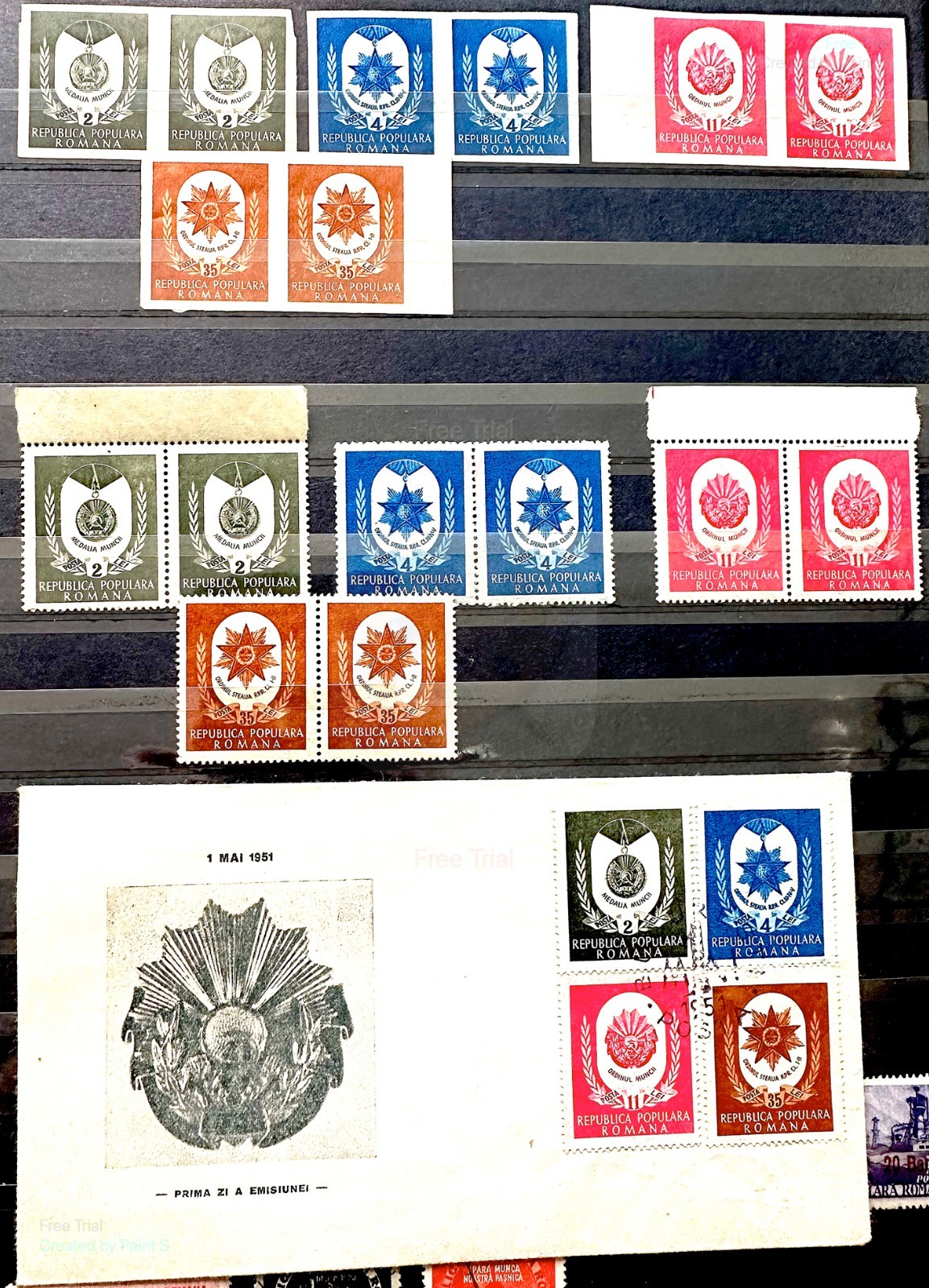 Romania 1951 Sc. 773-6 Complete Sets of Perf. and Imperf. Pairs MH, OG, XF + FDC