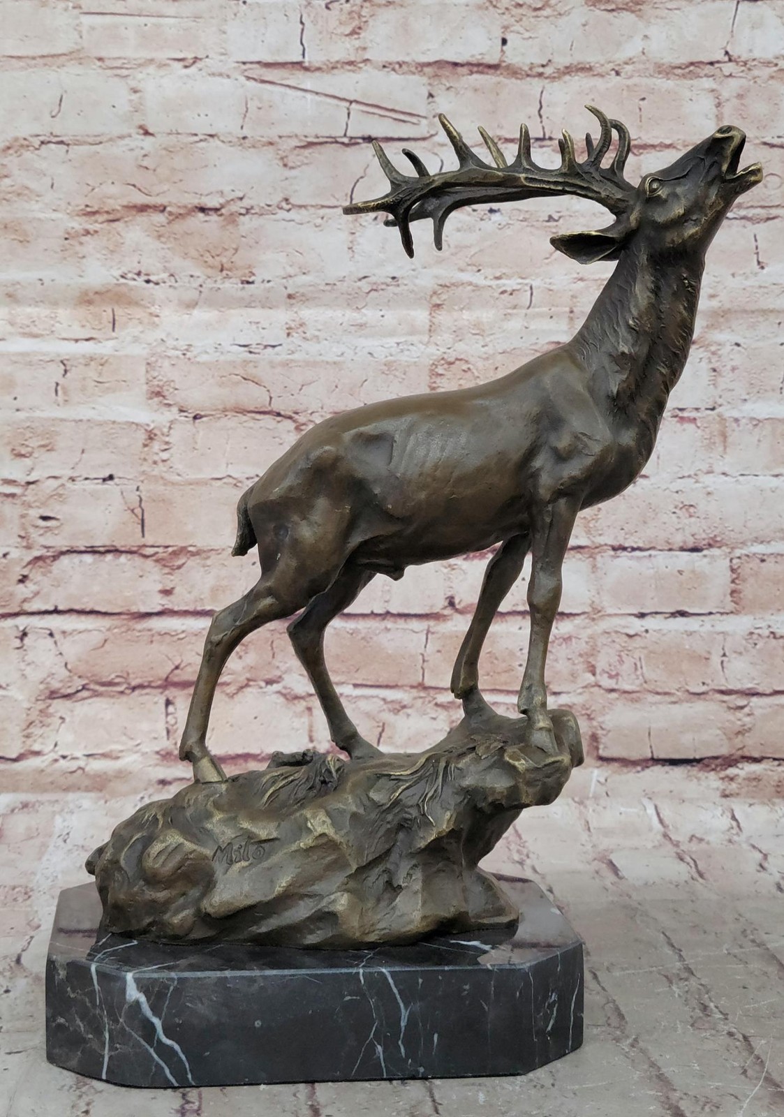 Chalet Lodge Art Elk Stag Buck Deer Hunter Bronze Marble Base Sculpture Statue