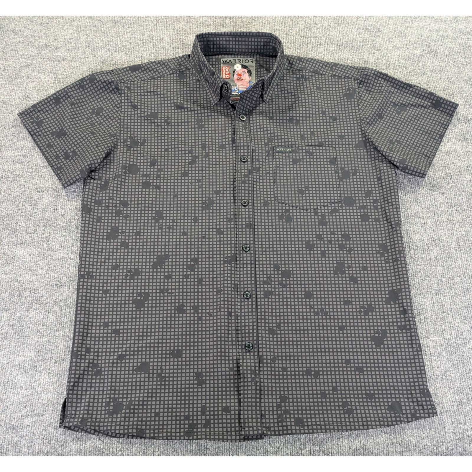 Warrior Merchants of Death x FPC Mens Large Gray Grid Stretch Button Up shirt